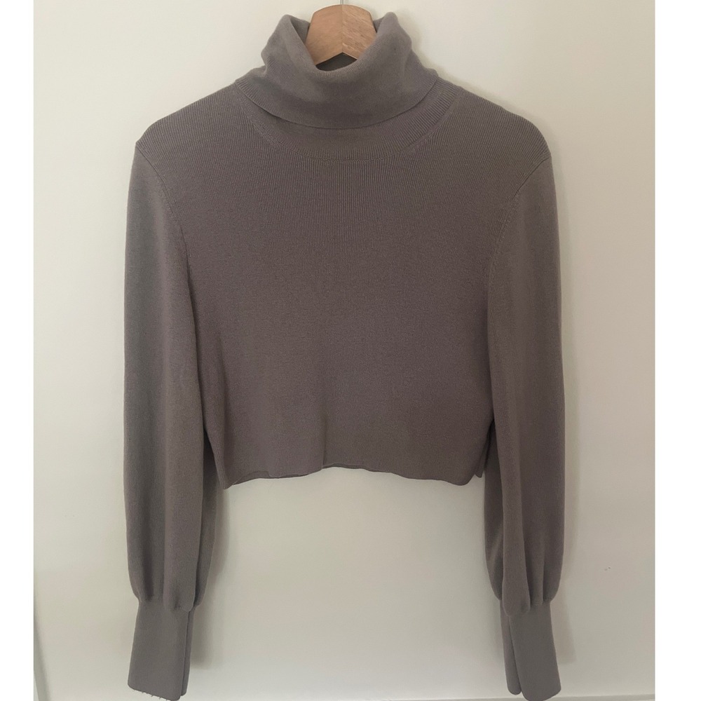 Wilfred Aritzia Crop Turtleneck Sweater Bell Sleeves Gray Medium Wool Cotton
